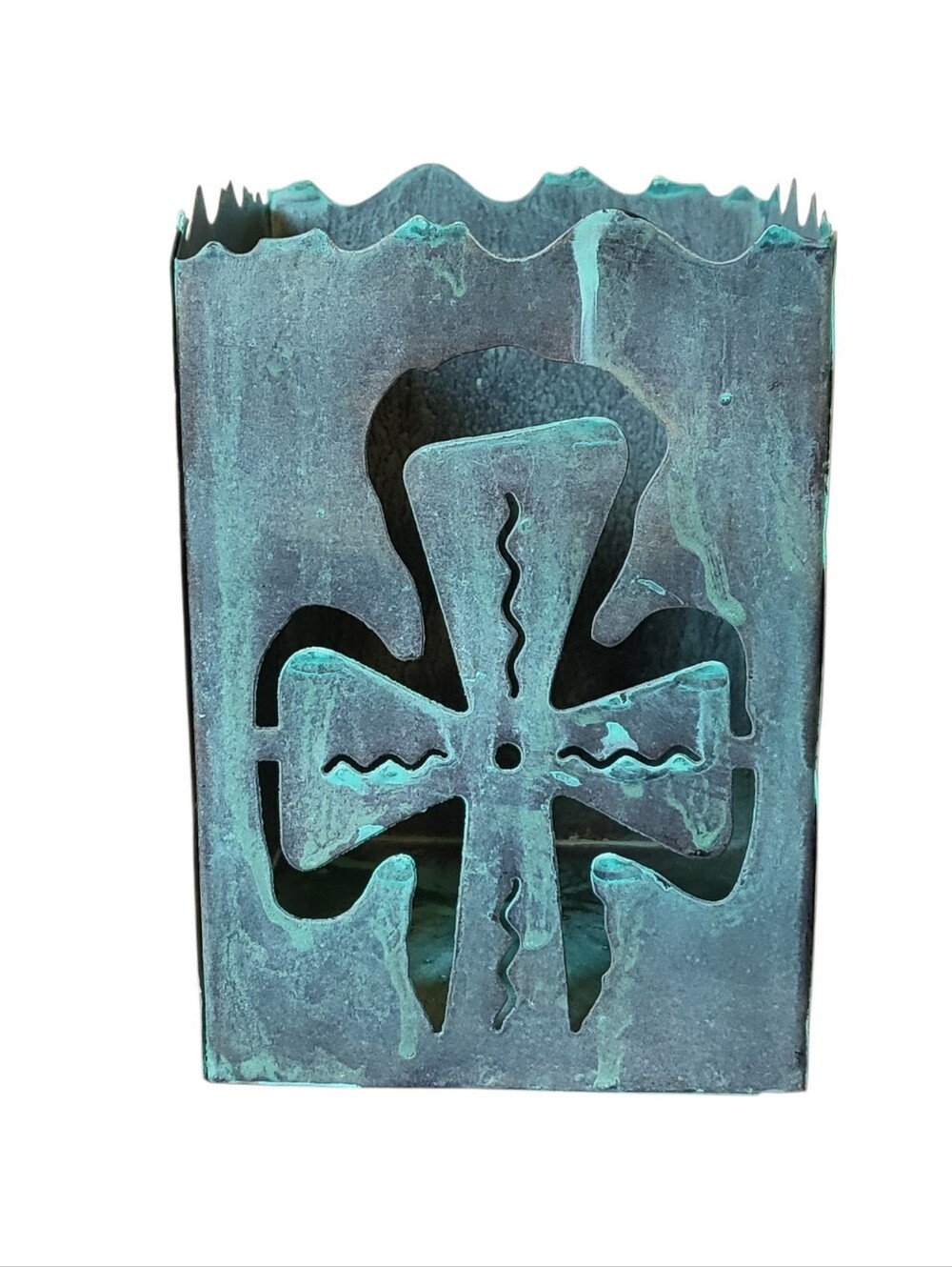 Candle Holder with Cross Cutout Metal Painted Rustic Green